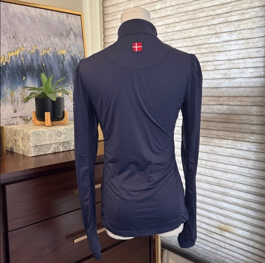 KASTEL DENMARK Woman's Kastell Denmark Shirred Shoulder Navy Quarter Zip. Size Small (4)