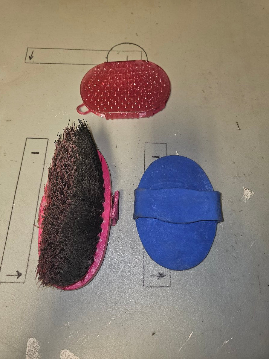 Jelly scrubber, curry comb, and tough-1 angled brush