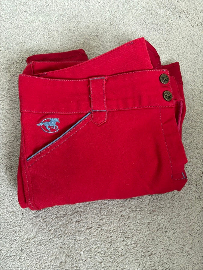 32R Piper original low-rise, barn red with blue bird, knee patch. Good condition