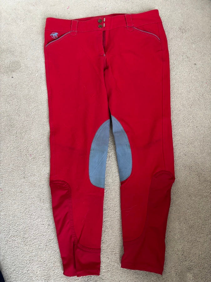 32R Piper original low-rise, barn red with blue bird, knee patch. Good condition