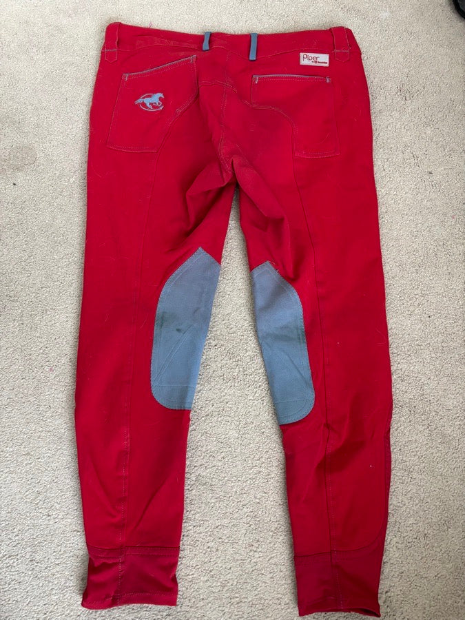 32R Piper original low-rise, barn red with blue bird, knee patch. Good condition