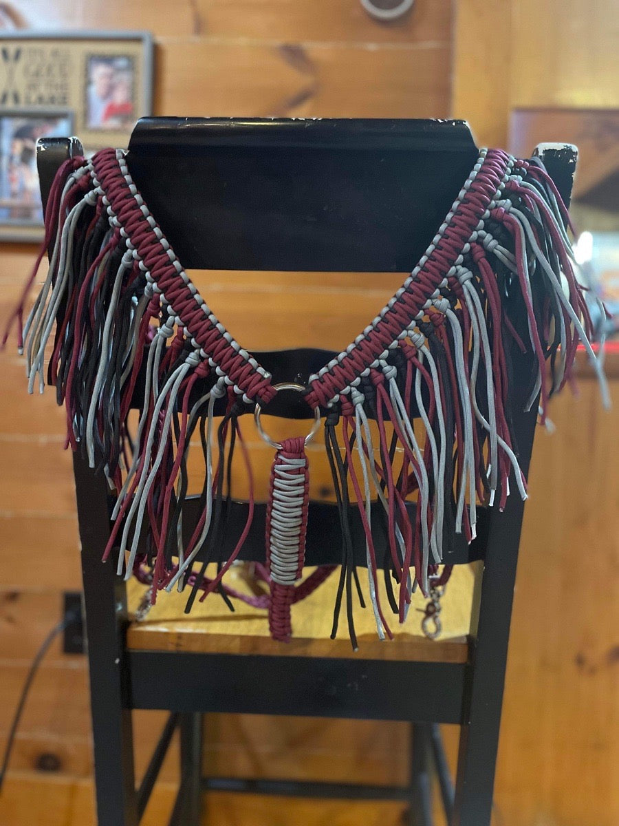 Horse fringe breast collar - maroon/black/gray