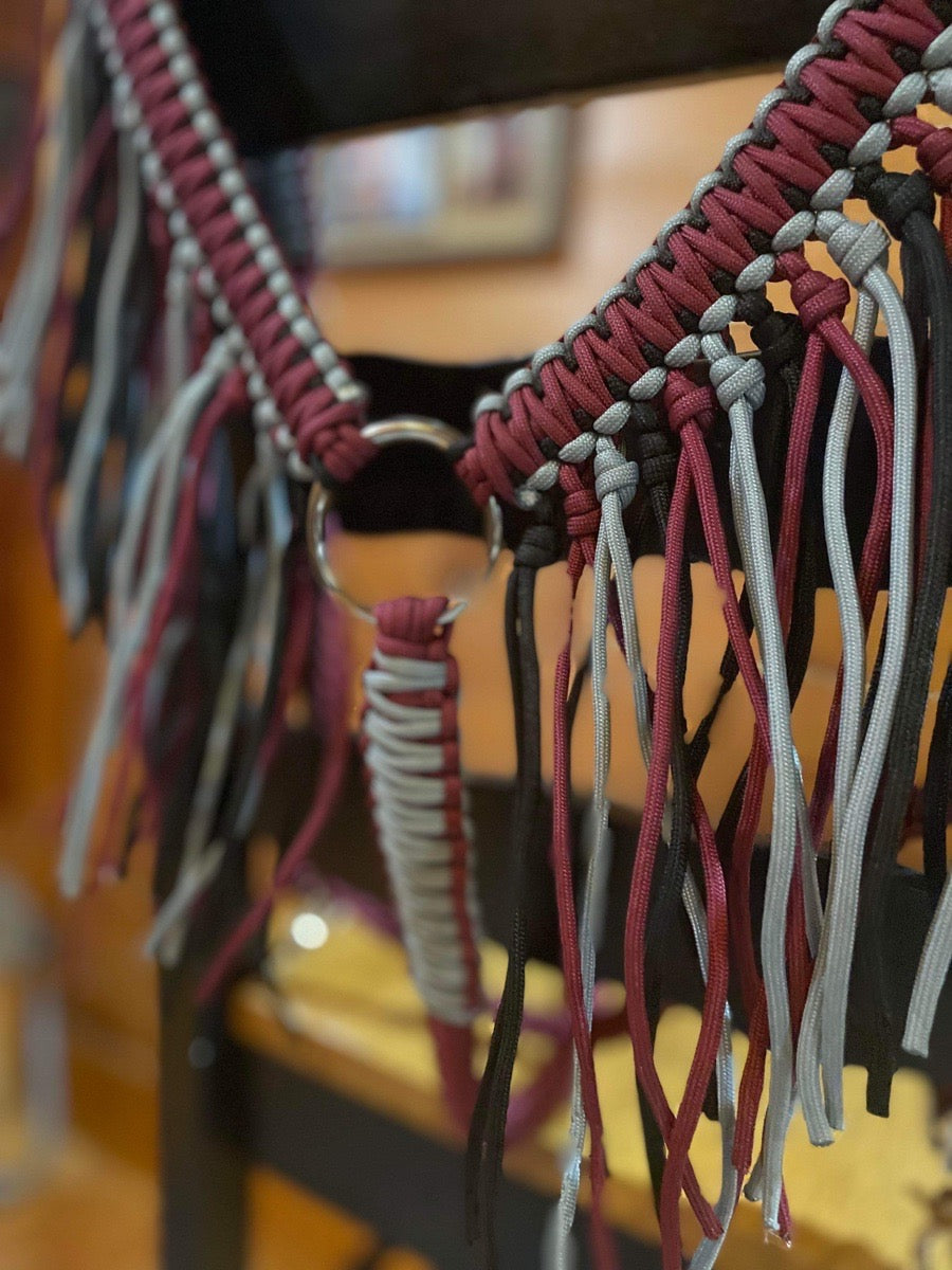 Horse fringe breast collar - maroon/black/gray