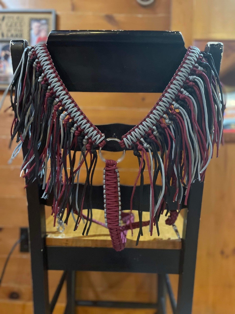 Horse fringe breast collar - maroon/black/gray