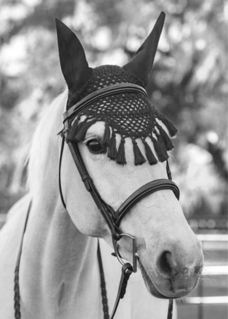 Medium Black Crochet Fly Bonnet with Tassels