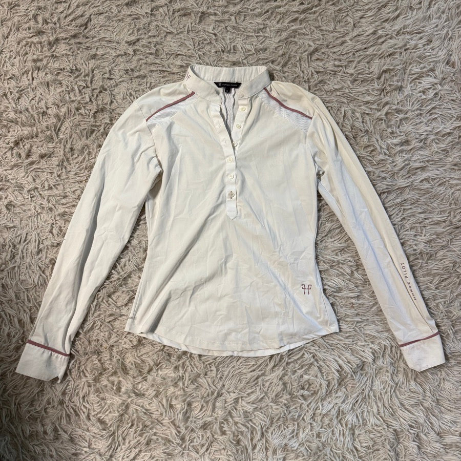 HORSE PILOT Women’s Small White Horse Pilot Long Sleeve Horseback Riding Show Shirt. Good Co