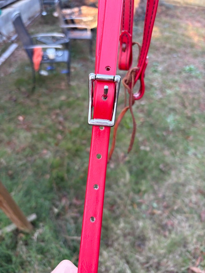OTHER Red Leather Western Headstall w/ Easy Ties + Matching Poly Rope Reins (8)