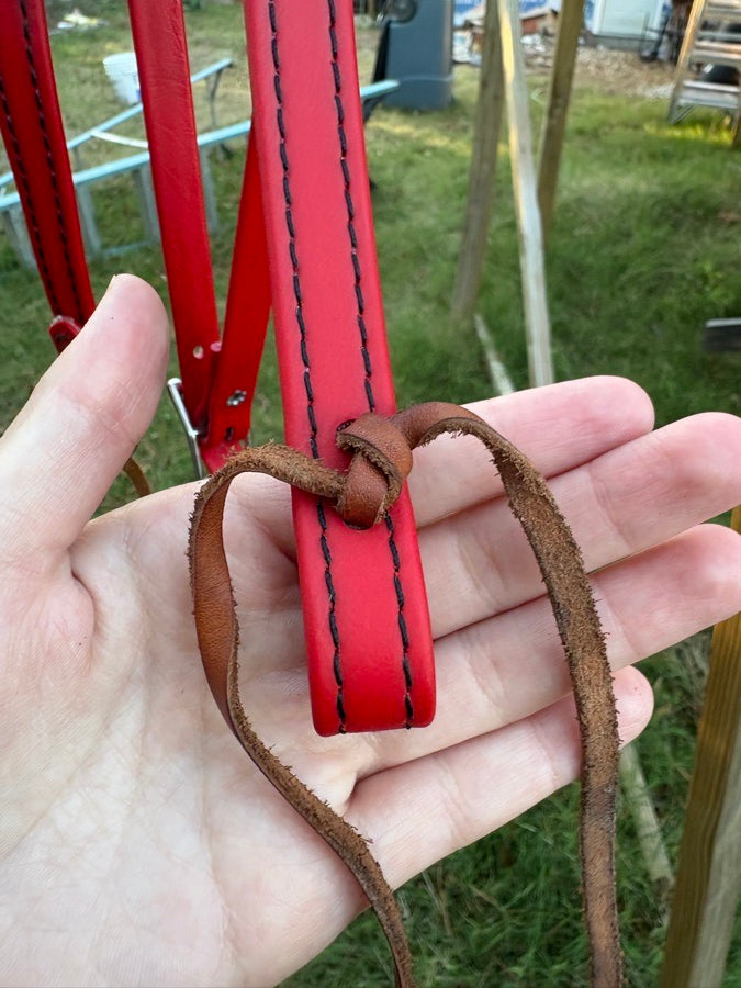 OTHER Red Leather Western Headstall w/ Easy Ties + Matching Poly Rope Reins (4)