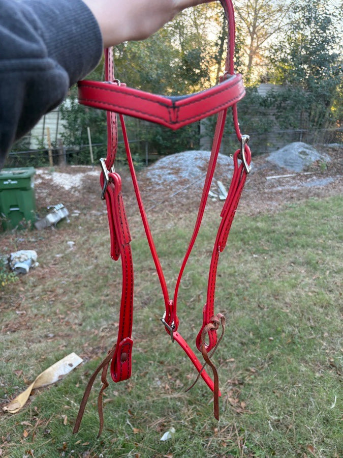 OTHER Red Leather Western Headstall w/ Easy Ties + Matching Poly Rope Reins