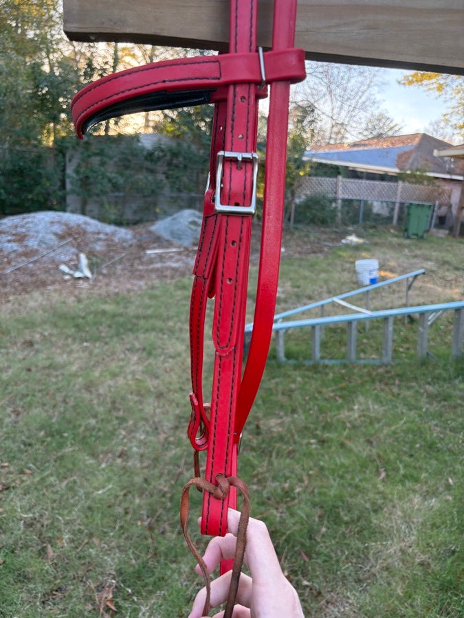 OTHER Red Leather Western Headstall w/ Easy Ties + Matching Poly Rope Reins (6)