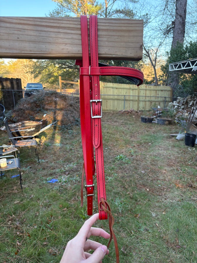 OTHER Red Leather Western Headstall w/ Easy Ties + Matching Poly Rope Reins (7)