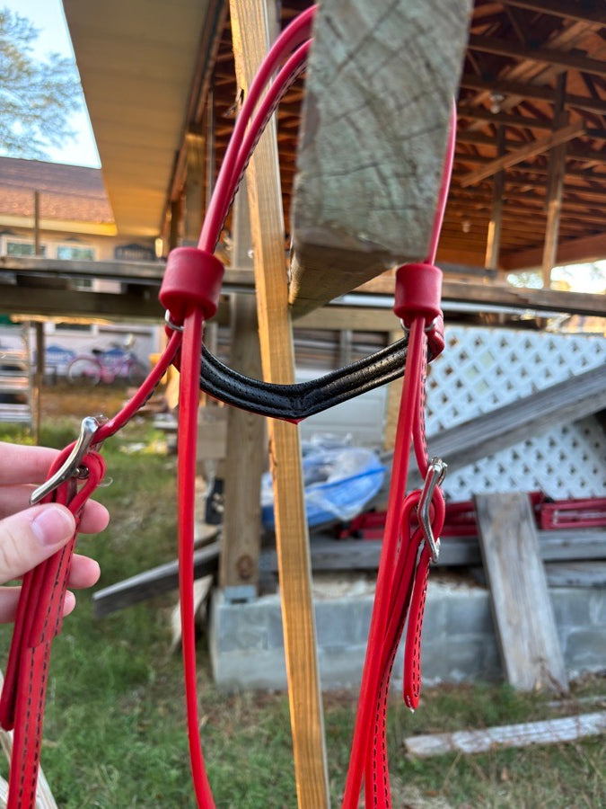 OTHER Red Leather Western Headstall w/ Easy Ties + Matching Poly Rope Reins (3)
