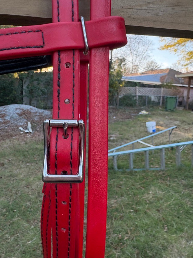 OTHER Red Leather Western Headstall w/ Easy Ties + Matching Poly Rope Reins (5)
