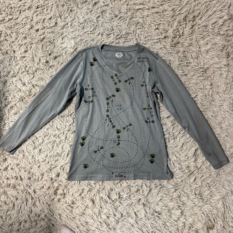 NOBLE OUTFITTERS Women’s Small Grey Noble Hunter Jumper Course Pattern Horseback Riding Sunshirt