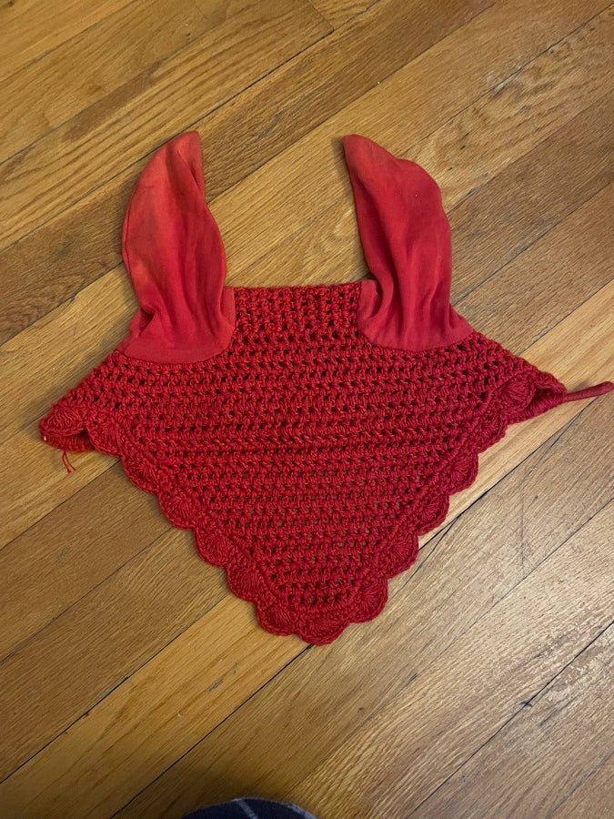 Horse sized red crochet bonnet