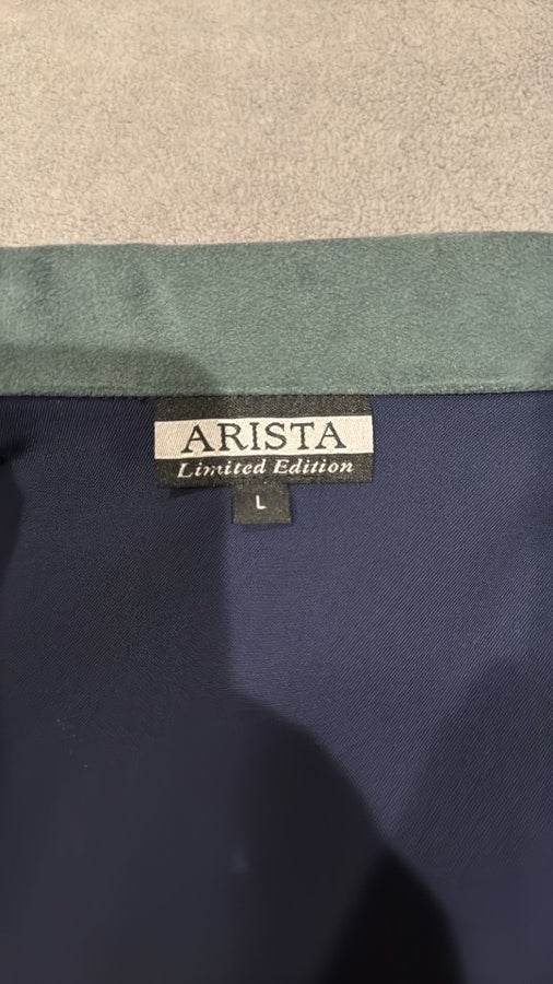 Arista Limited Edition Show Coat. Navy w/faux suede green collar. Size L