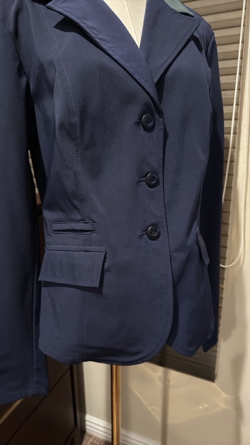 Arista Limited Edition Show Coat. Navy w/faux suede green collar. Size L
