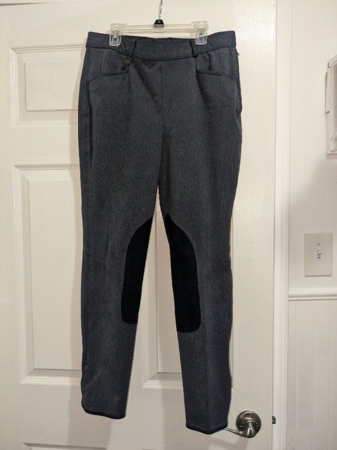 Ovation grey/blue side zip breeches, size 34L, no stains/tears!