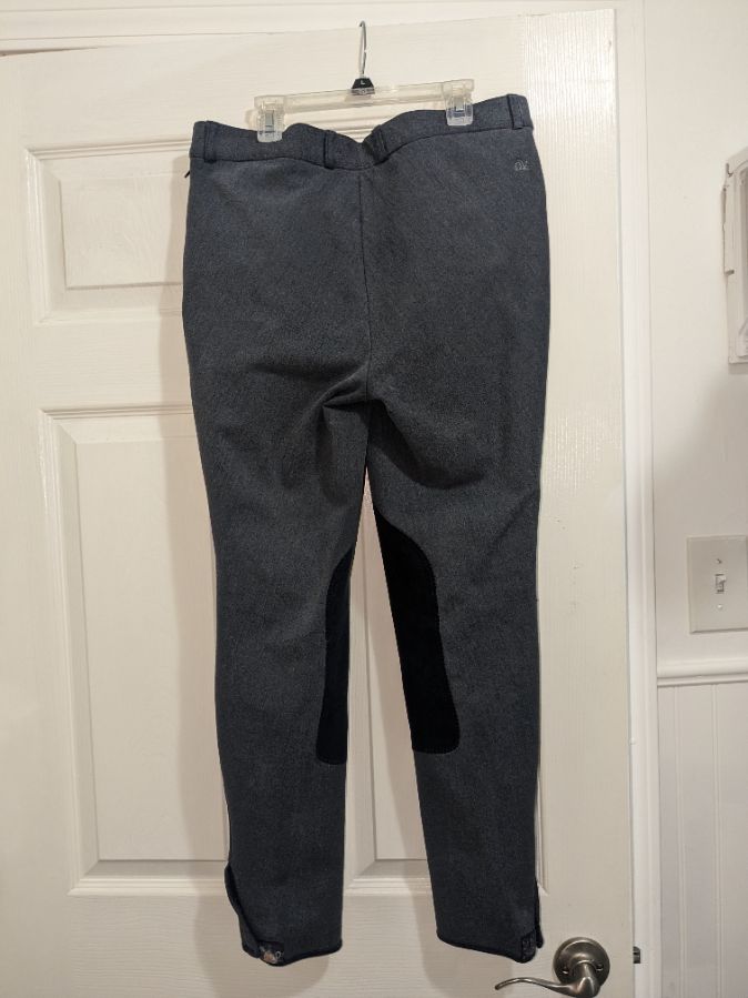 Ovation grey/blue side zip breeches, size 34L, no stains/tears!