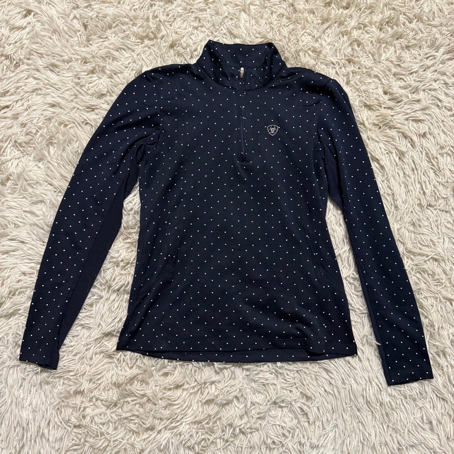 Girl’s Large Navy Polka Dot Ariat Long Sleeve Horseback Riding Sunshirt. Good Co