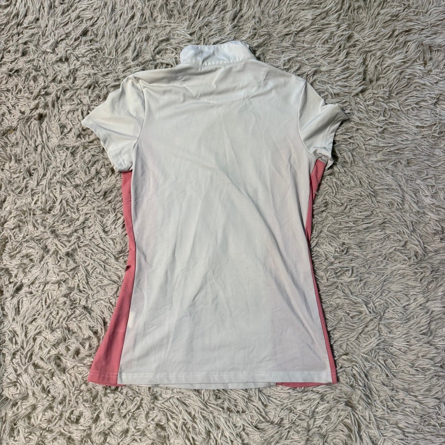 HR FARMS Women’s S HR Farm White/Pink Short Sleeve Horseback Riding Show Shirt. Good Cond (3)