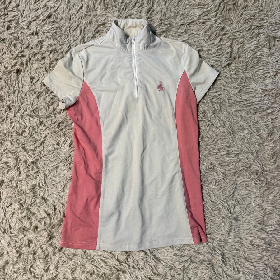 HR FARMS Women’s S HR Farm White/Pink Short Sleeve Horseback Riding Show Shirt. Good Cond