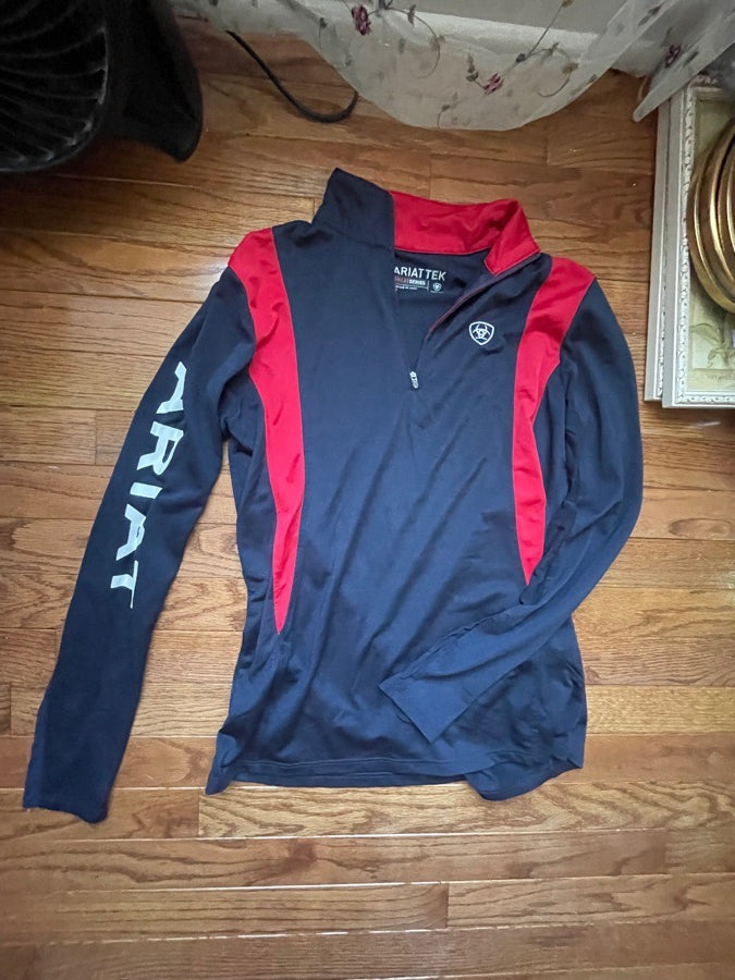 Ariat Long Sleeve Riding Sun Shirt Red and Navy, Size Small