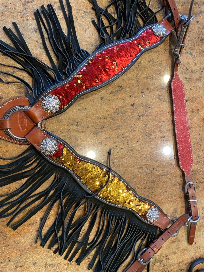 Showman Red and Gold Sequin Tack Set