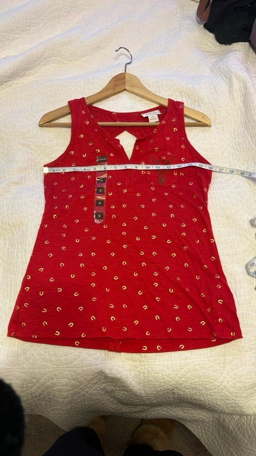 Ariat Women's Devoted Tank Red Sz Small Gold Horseshoe Equestrian Western NWT