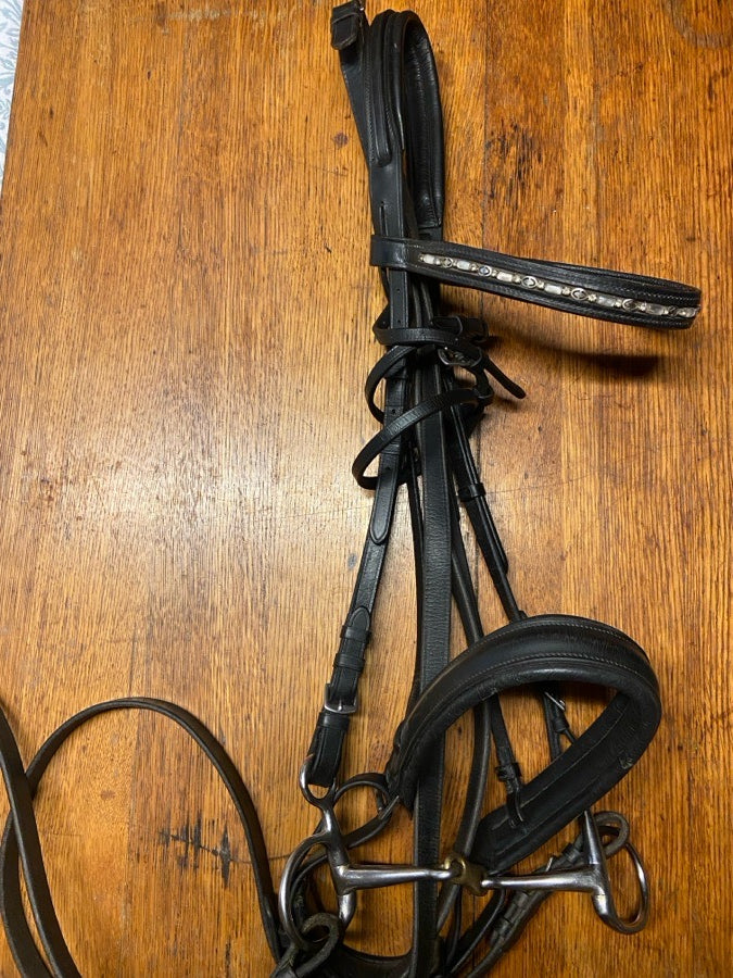 Draft sized dressage bridle w/ beaded browband and reins