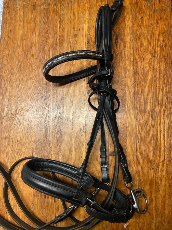 Draft sized dressage bridle w/ beaded browband and reins