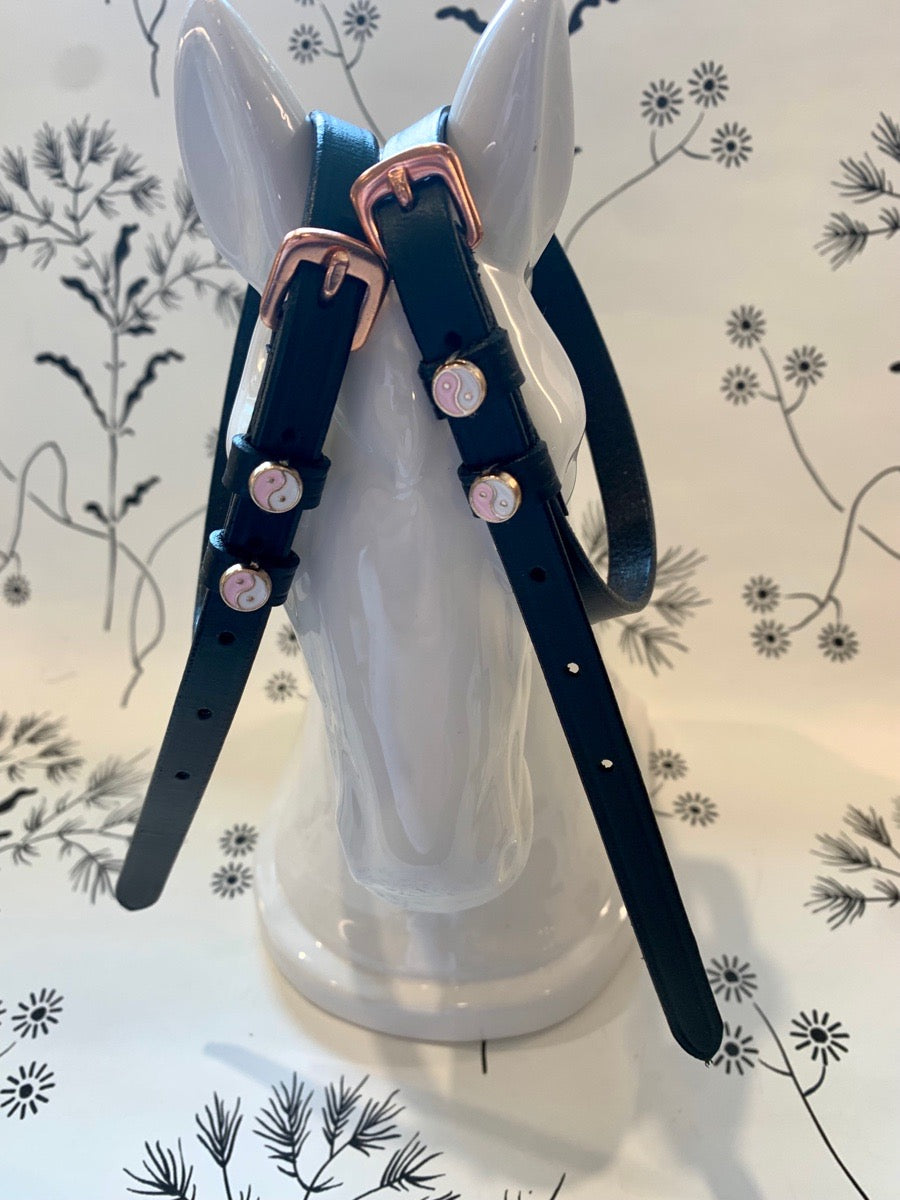 Rose gold black English leather spur straps