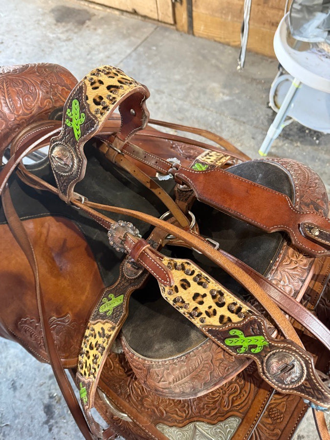 Leopard Western Headstall and Breasr collar Set