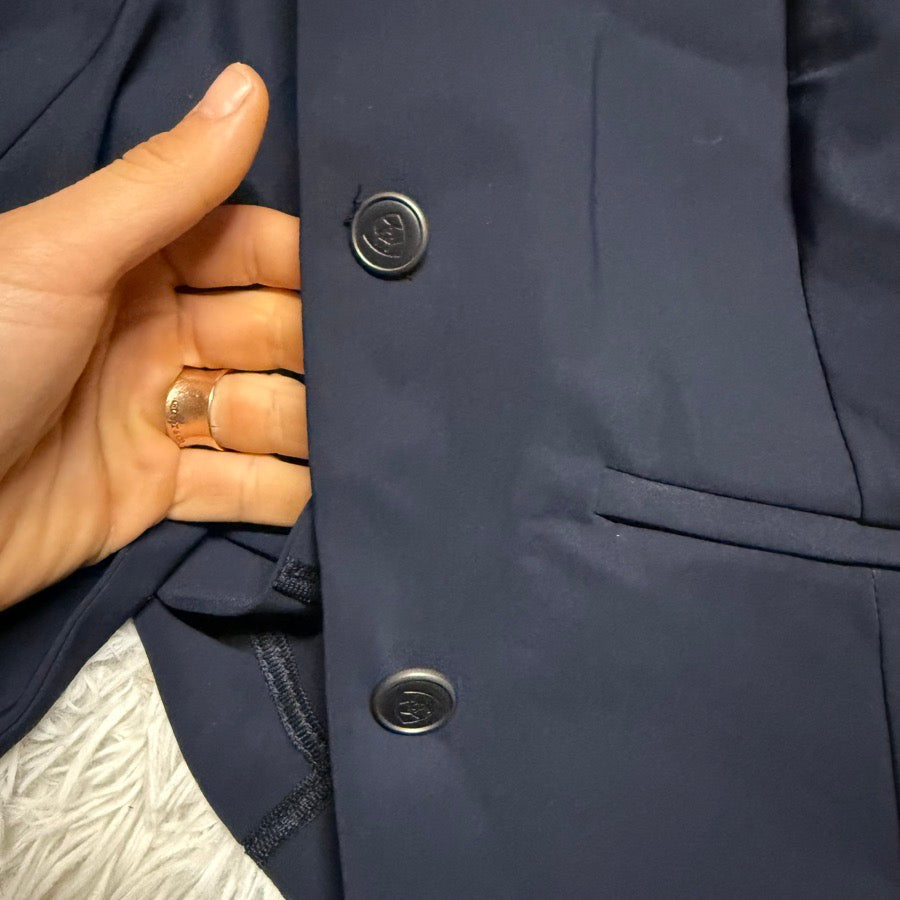 Women’s Size 2 Navy Ariat Horseback Riding Show Coat. Needs button repaired.
