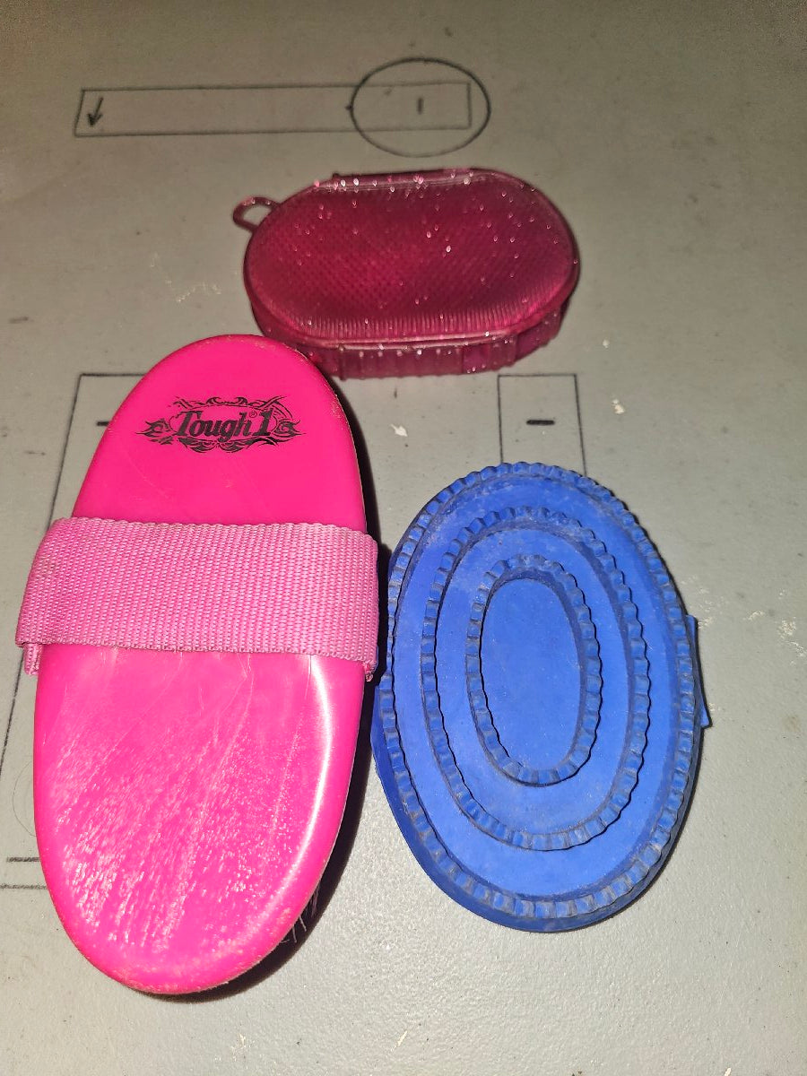 Jelly scrubber, curry comb, and tough-1 angled brush