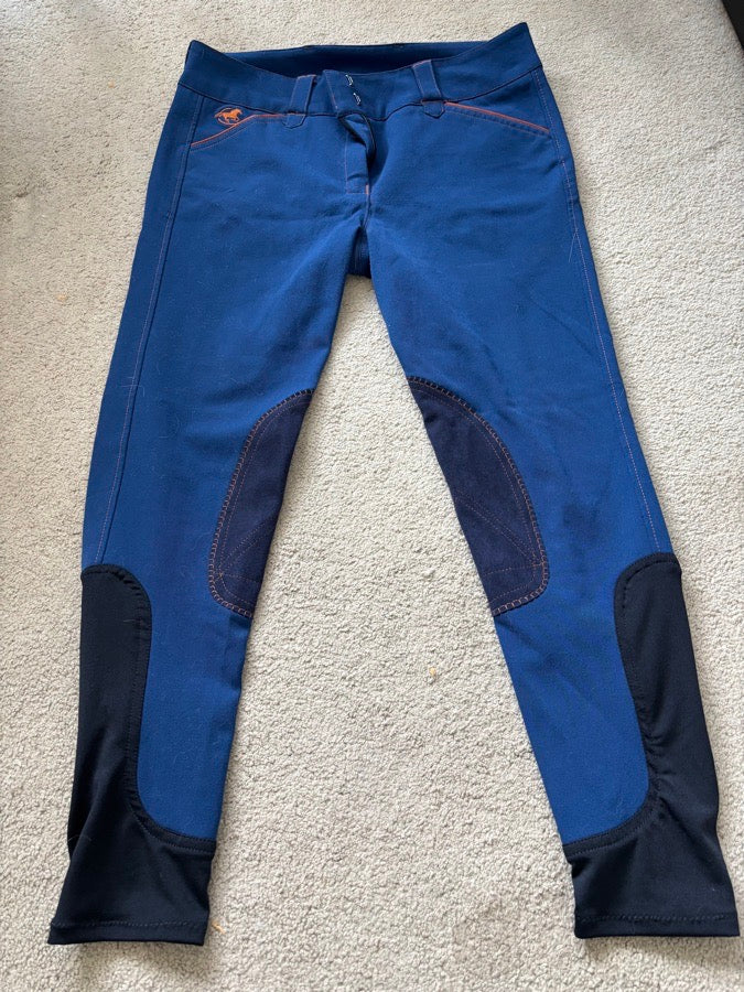 30R Piper knit midrise, Lapis Blue with Orange, Knee Patch. Great condition