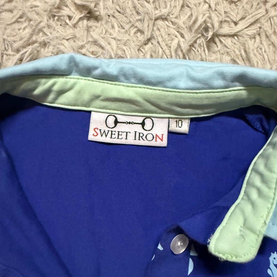 Other Women Size 10 Blue Seahorse Sweet Iron Short Sleeve Horseback Riding Polo Shirt (3)
