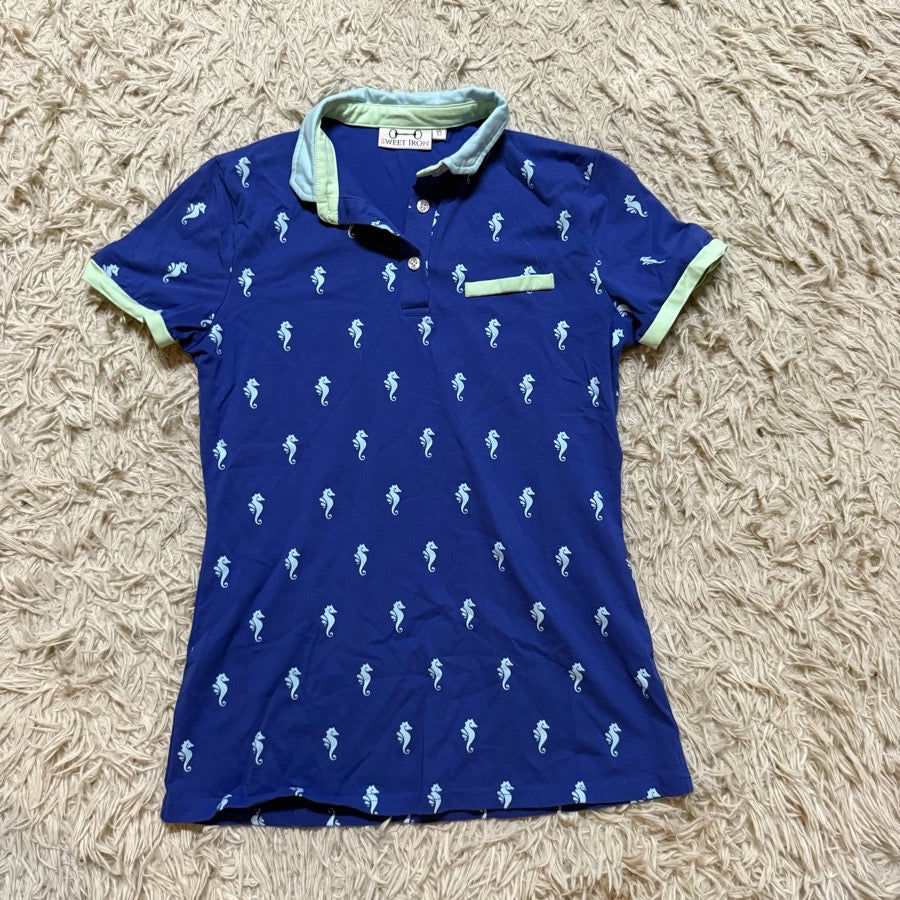 Other Women Size 10 Blue Seahorse Sweet Iron Short Sleeve Horseback Riding Polo Shirt