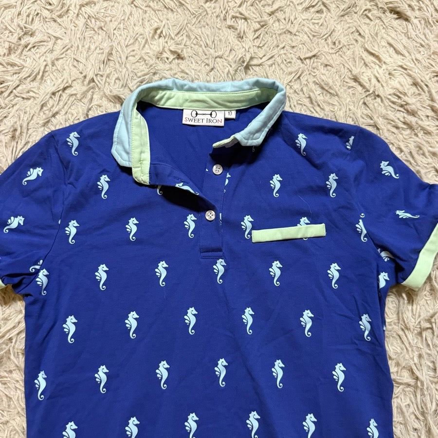 Other Women Size 10 Blue Seahorse Sweet Iron Short Sleeve Horseback Riding Polo Shirt (2)