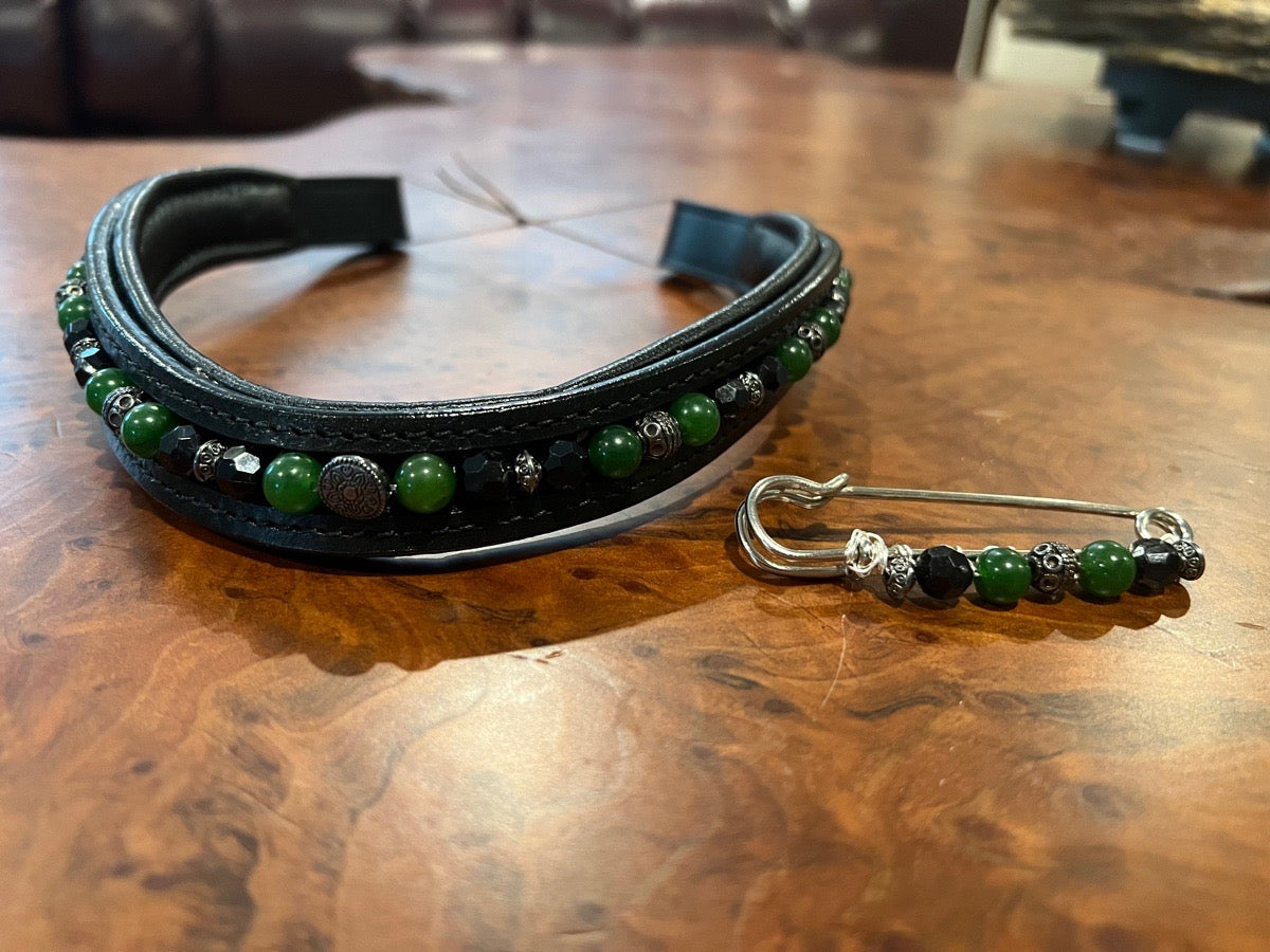 16” black browband with green/black/silver beads