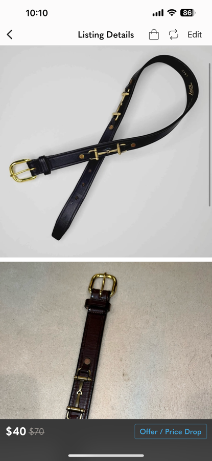 Tory English Bridle Leather belt with nickel snaffle bit detail
